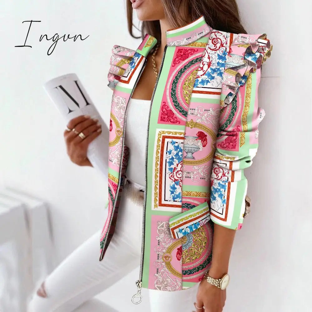 Ingvn - Casual Plaid Jacket Women Spring Autumn Long Sleeve Ruffles Khaki Pink Zippers Woman Coats Fashion Office Lady Jackets Coat