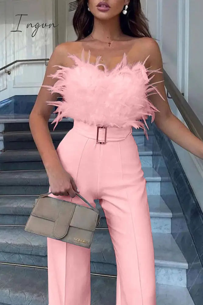Ingvn - Sexy Feathers With Belt Strapless Jumpsuits(5 Colors)