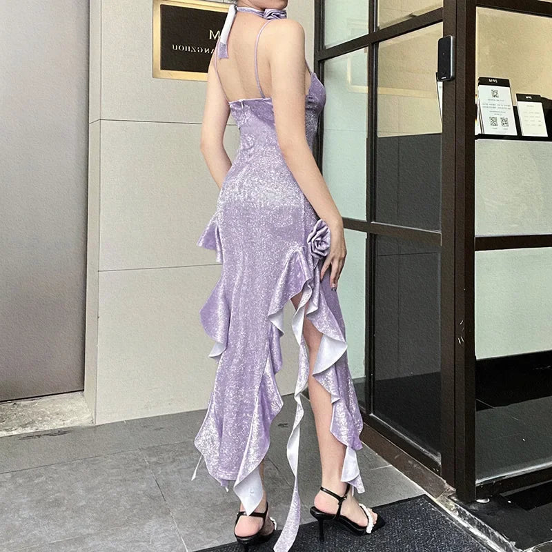 Elegant Summer New Style Women's Dress Slim Fit with Slit V-Neck Sleeveless Ankle-Length Regular Waist Line Floral Sash