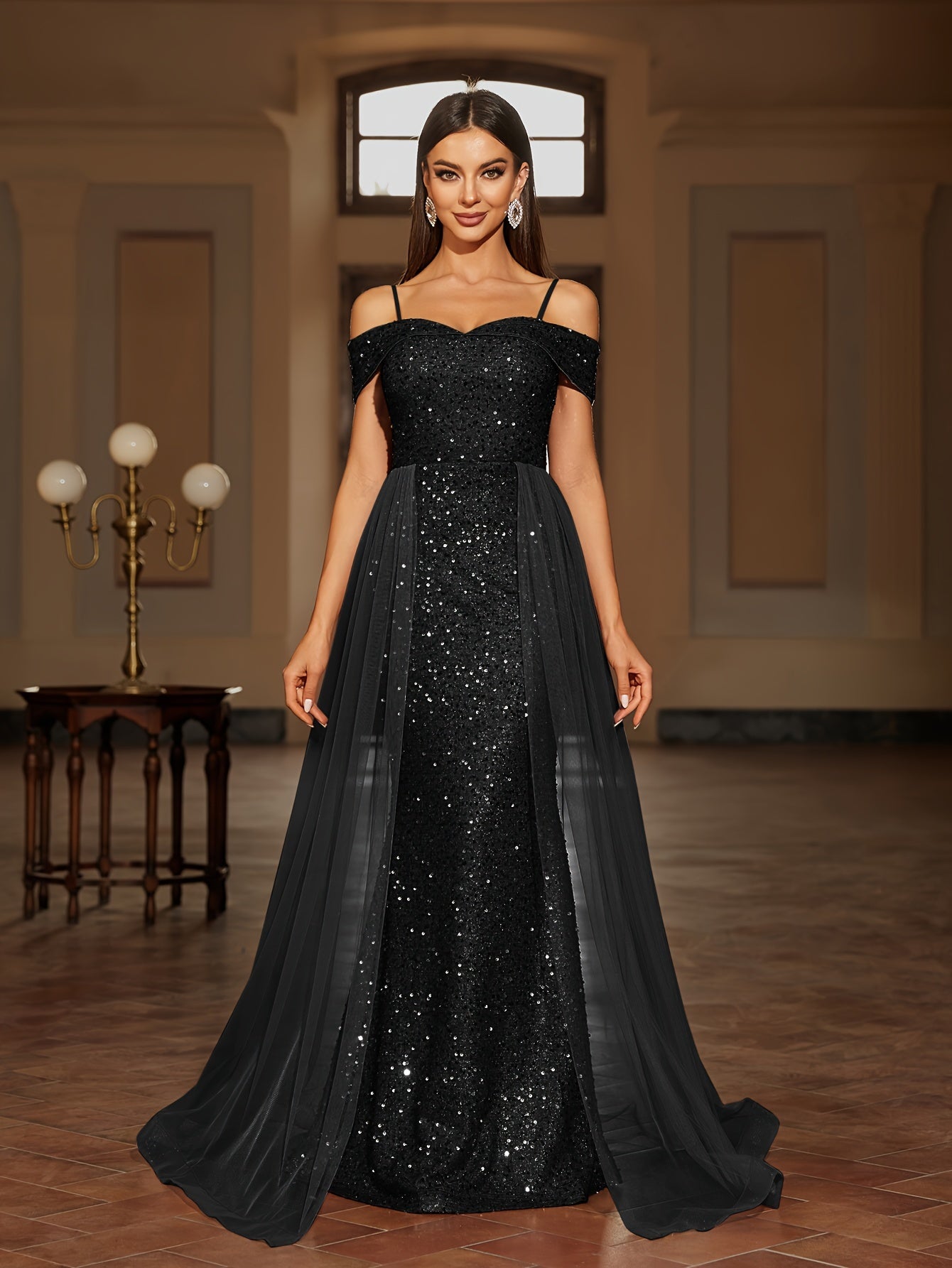 Sequined Contrast Mesh Cold Shoulder Asymmetrical Dress, Elegant Bodycon Dress For Party & Banquet, Women's Clothing