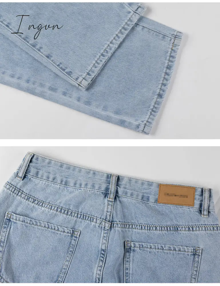 Ingvn - Womens Loose Fit Jeans Ripped Wide Leg For Women High Waist Blue Wash Casual Cotton Denim Trousers Summer Baggy Jean Pants