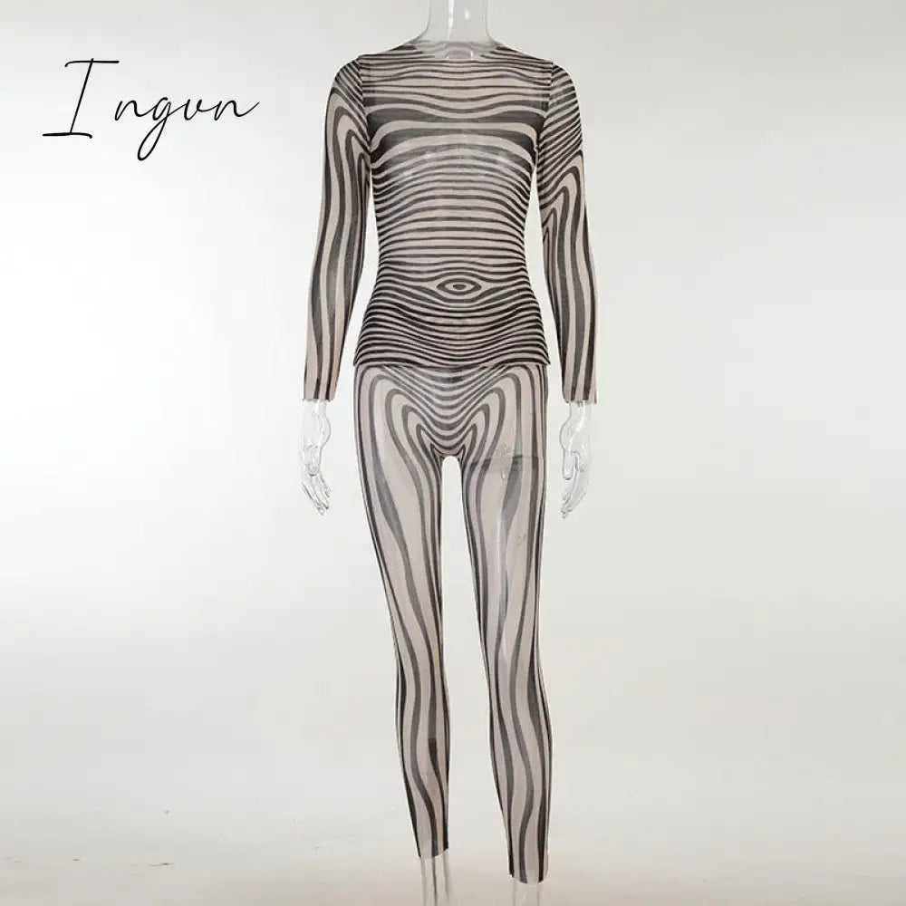 Ingvn - Autumn Mesh Zebra Striped Sets Women 2 Piece Suit T-shirt + Long Pants See-through Sexy Co-ord Set Female Tracksuit Costume