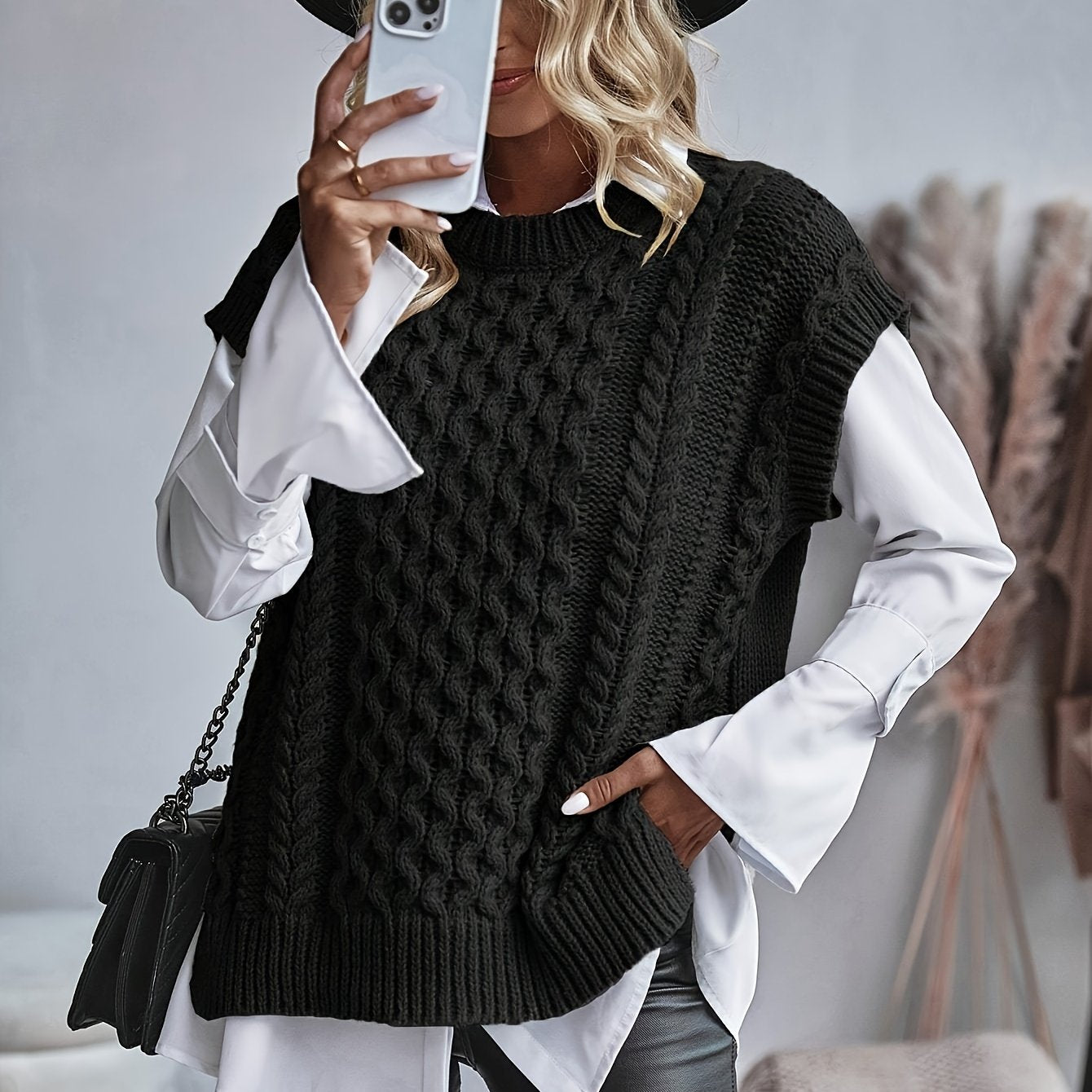 Plus Size Twist Textured Sweater Vest - Casual, Side Split, Crew Neck, Knitted, Soft, Cozy, and Chic Women's Clothing for Everyday Wear