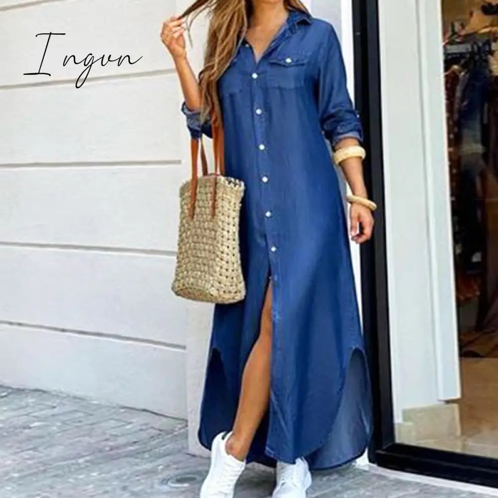 Ingvn - Fashion Women Long Sleeve Shirt Dress Autumn  Printed OL Long Dresses Laides Turn-down Collar Loose Sundress Party Dresses
