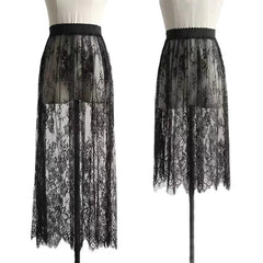 2 Length Elegant Black Skirt White Lace Transparent Long Tulle Skirt Ladies Elastic High Waist Beach Midi Skirt