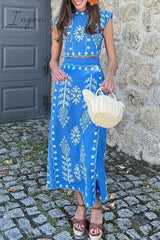 Ingvn - Casual Vacation Geometric Print Bandage Short Sleeve Two Pieces