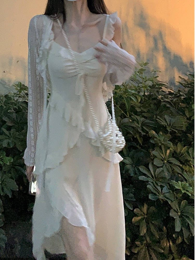 Fairy 2 Piece Dress Set Woman Casual Long Sleeve Crop Tops + Elegant Solid Strap Midi Dress Party Korea Fashion Suit Summer