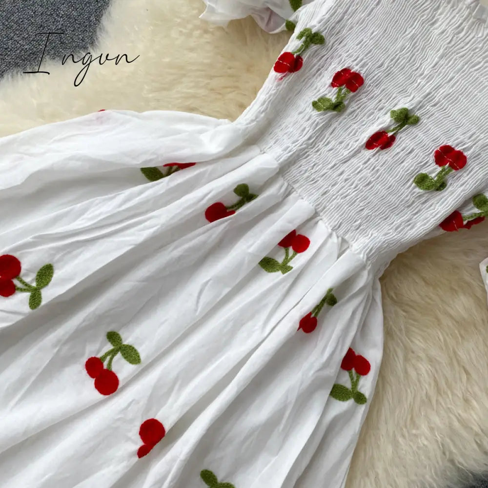 Ingvn - Strawberry Dress Cherry Kawaii Embroidery Puff Sleeve Dress Women Vintage White Square Neck Beach Dresses Korean Clothes