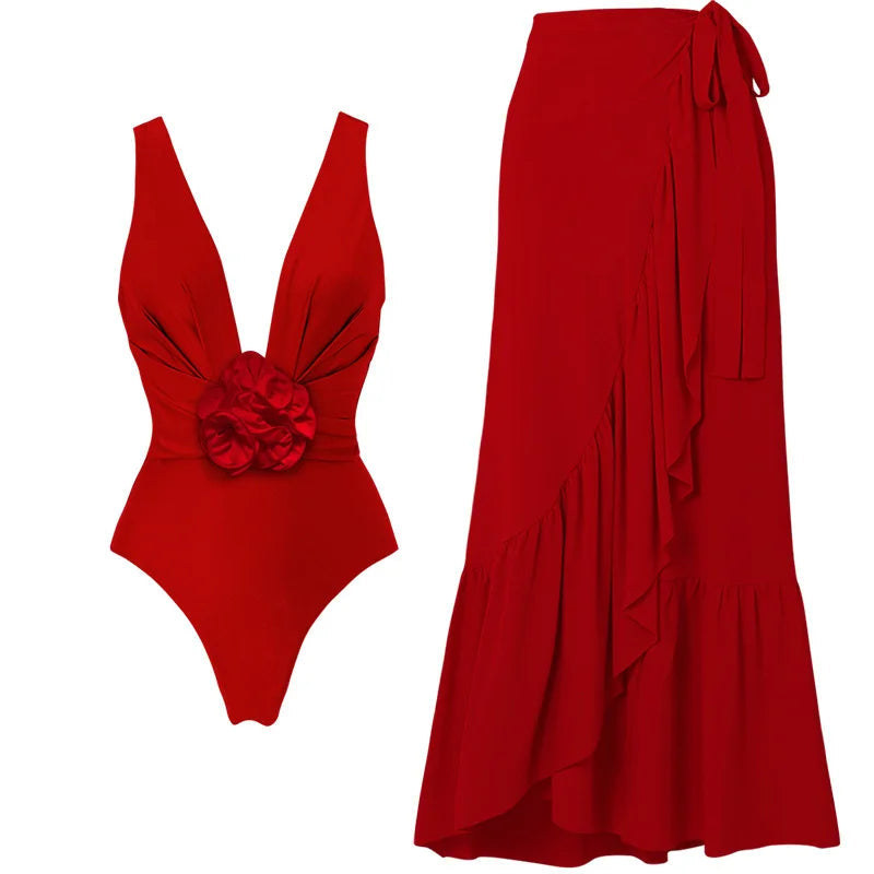 Red Flower One Piece Swimwear With Cover Up Trend Swimsuit 2025 Sexy Biquini Luxury Woman Swimsuit Beach Outing Bodysuit Bathsui