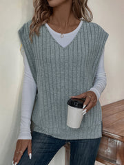 Solid V Neck Rib Knit Vest, Casual Split Side Sleeveless Loose Sweater Vest, Women's Clothing