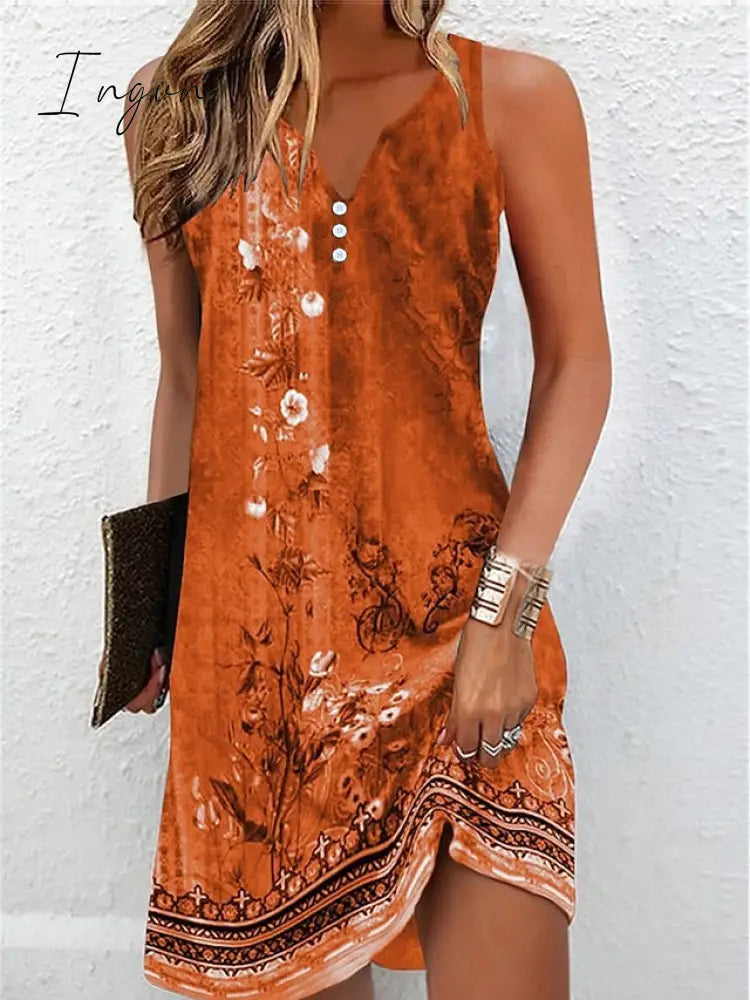 Ingvn - Women's Casual Dress Shift Dress Tank Dress Floral Button Print V Neck Mini Dress Active Fashion Outdoor Street Sleeveless Loose Fit Dark Gray Summer Spring XXL