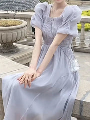 Ingvn - Elegant Dress for Women Ruffles Square Collar Short Sleeve French Style High Waisted A Line Party Midi White Dresses