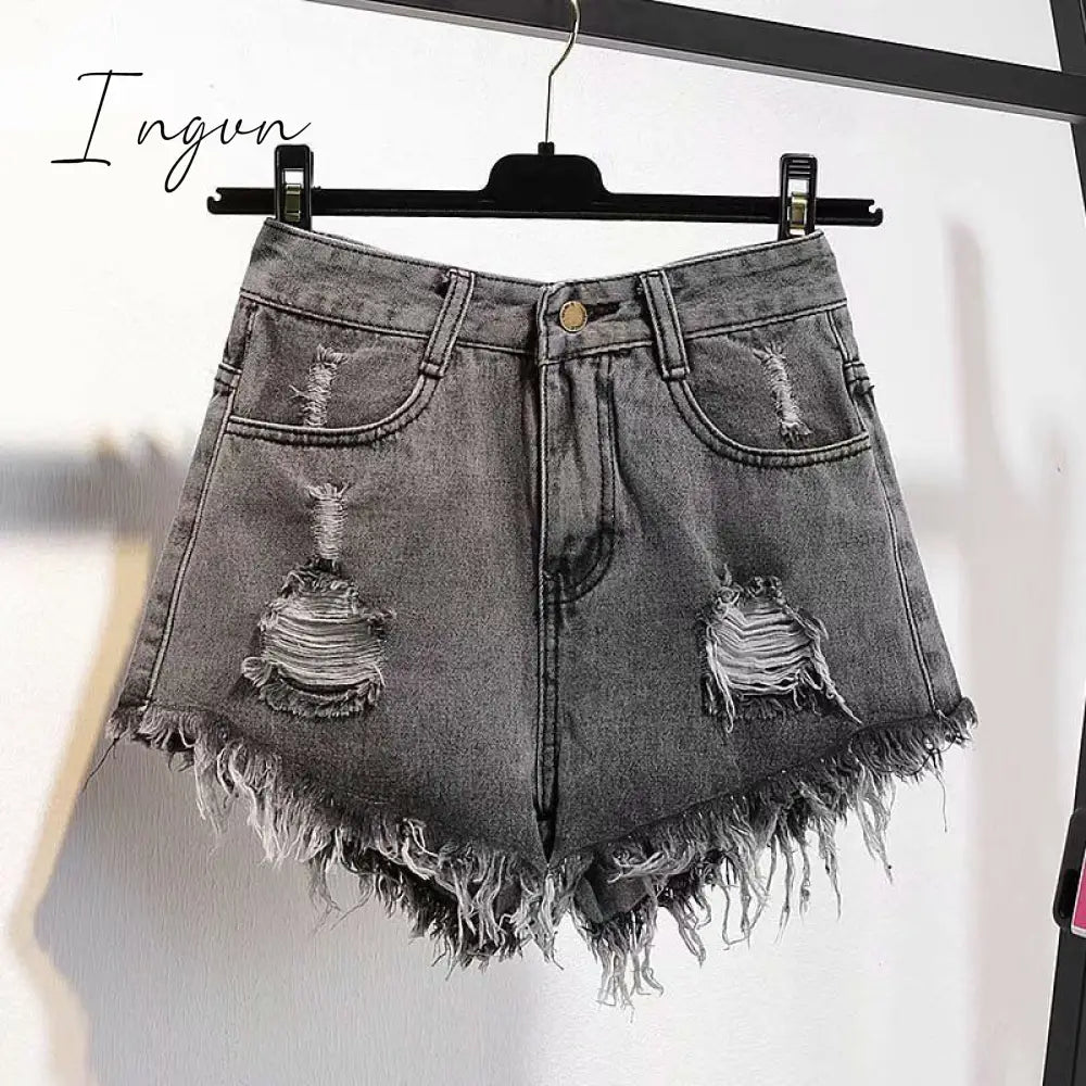 Ingvn - Casual High Waist Denim Shorts Women Summer  Pocket Tassel Hole Ripped jeans Short Female Femme Short Pants Women