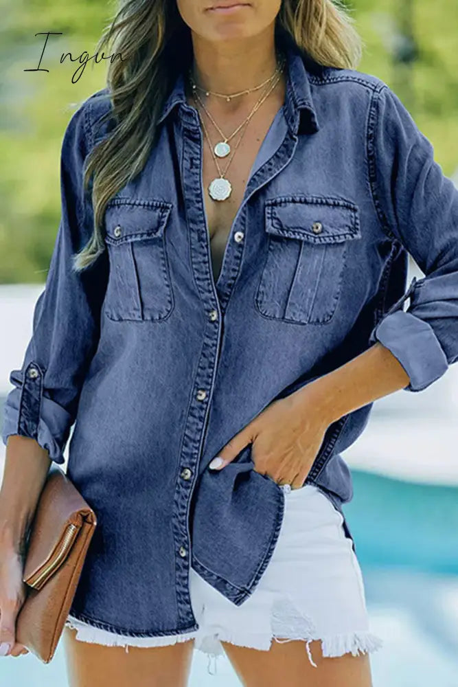 Ingvn- Casual Solid Pocket Turndown Collar Long Sleeve Loose Denim Jacket