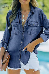 Ingvn- Casual Solid Pocket Turndown Collar Long Sleeve Loose Denim Jacket