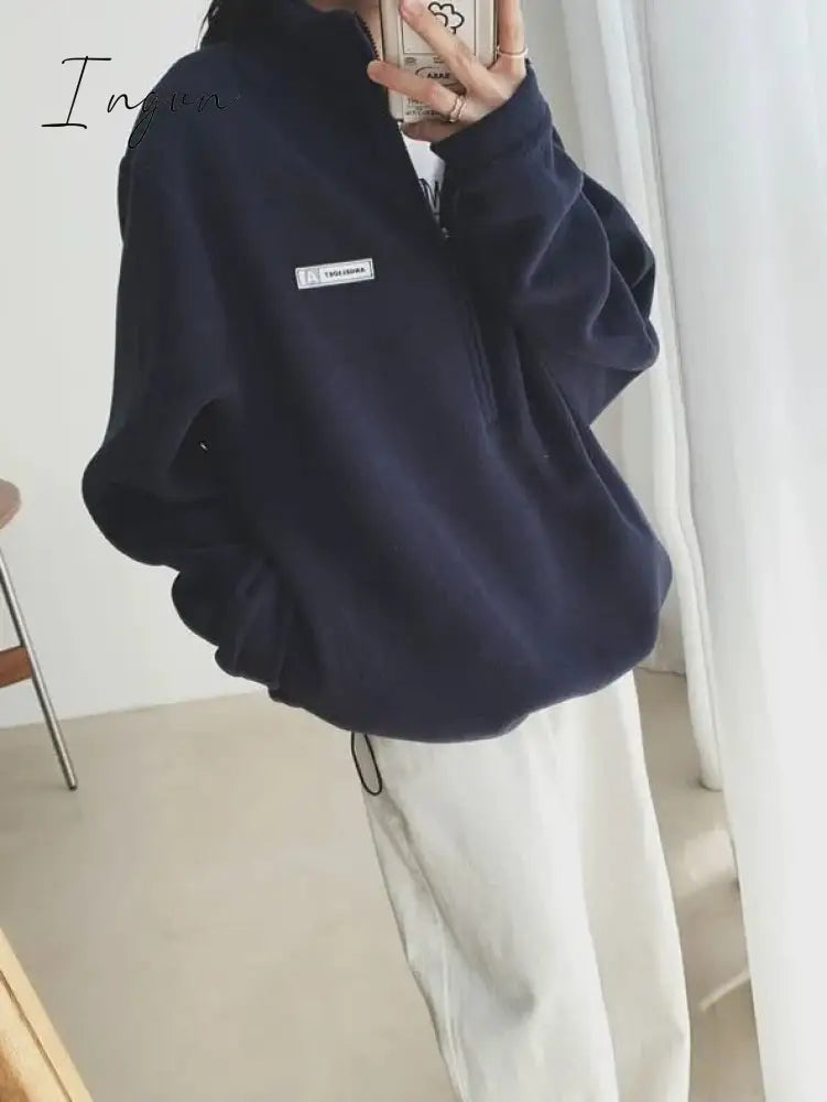 Ingvn - Korean Warm Fleece Hoodies Women Casual Kpop Fashion Plus Velevt Sweatshirt Top Autumn Winter