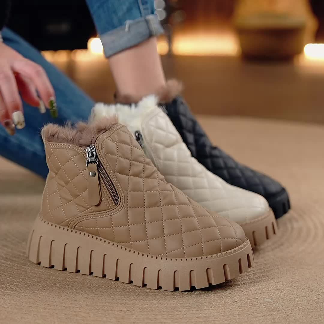 1pr Winter Warm Fleece-Lined Ankle Boots for Women - Casual Solid Color Round Toe Zippered Comfort Boots with Low Platform Heel, Non-Slip Rubber Sole, Fabric Insole - PU Upper, Fabric Lining - Thick Warm Snow Boots