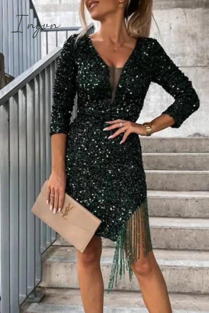Ingvn - Elegant Solid Tassel V Neck One Step Skirt Dresses