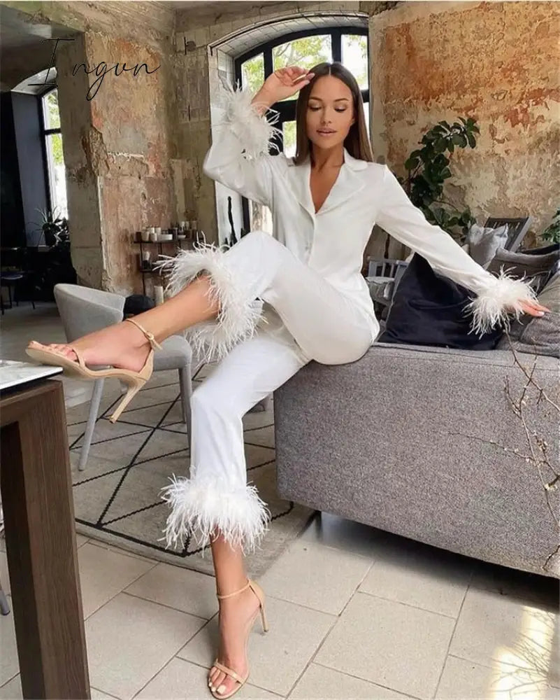 Ingvn - Trendy Women Pajamas Set Autumn Casual Lapel Tops + Feather Pants Suits Sexy Lingerie Nightwear Silk Satin Pyjamas pjs Suit 2Pcs