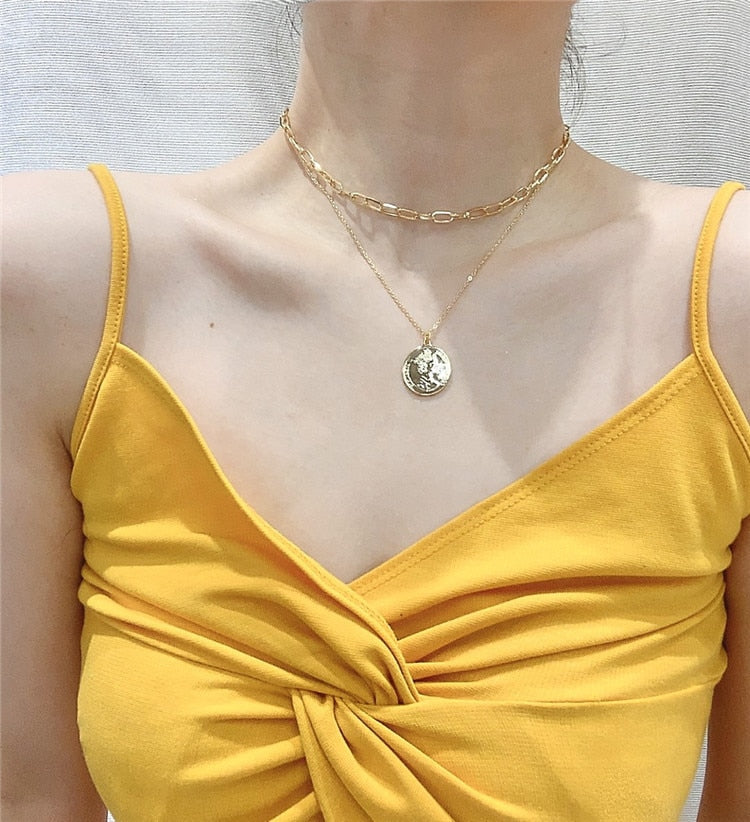 Retro Portrait Exaggerated Thick Chain Necklace Double Layer Cool Chain Hip Hop Necklace Short Clavicle Chain Accessories