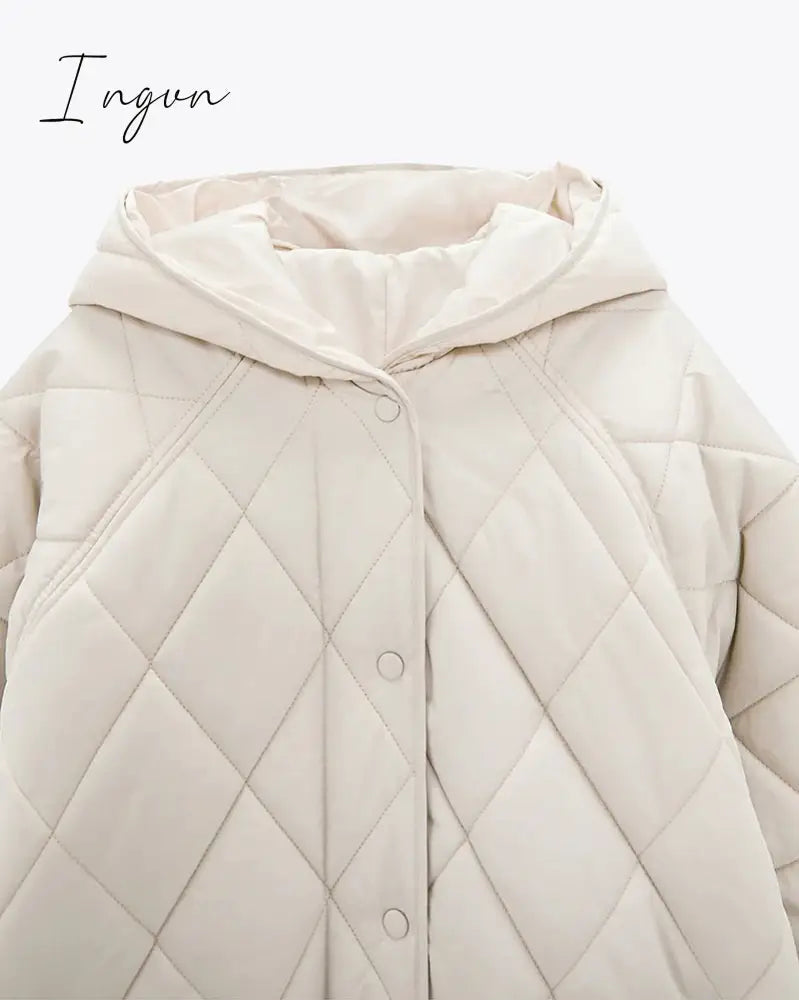 Ingvn - New Winter Oversize Fashion Vintage Plaid Hooded Parka Women Casual Pockets Cotton Jackets Coat Loose Long Outwear Female