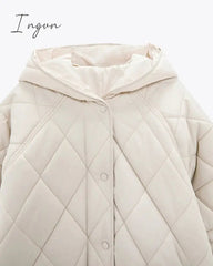 Ingvn - New Winter Oversize Fashion Vintage Plaid Hooded Parka Women Casual Pockets Cotton Jackets Coat Loose Long Outwear Female