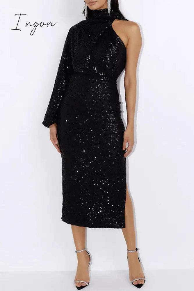Ingvn - Elegant Formal Solid Sequins Slit Halter Evening Dress Dresses(6 Colors)