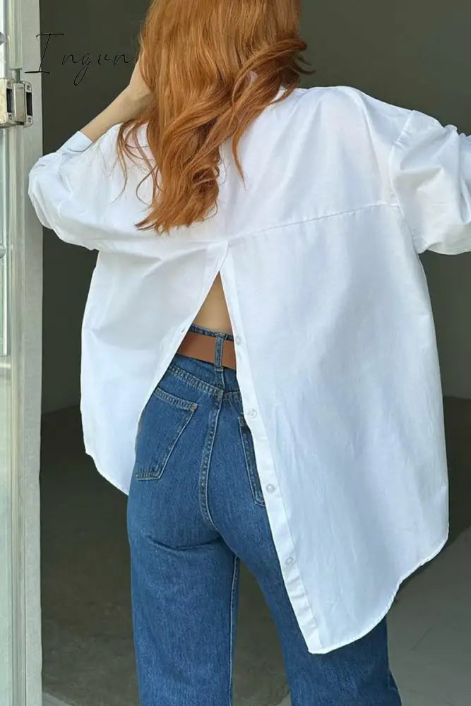 Ingvn - Street Solid Buttons Slit Turndown Collar Tops