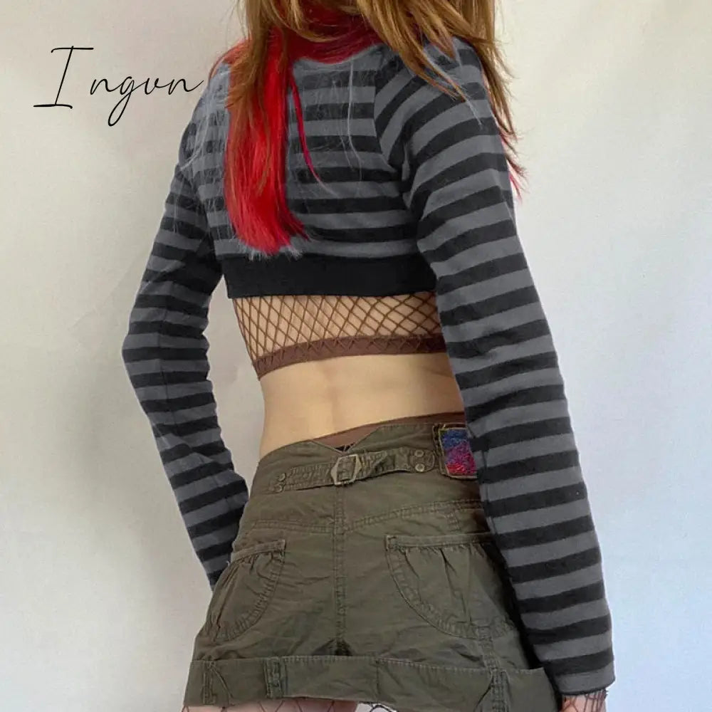 Ingvn - Y2K Striped Crop Top Button Knitted Full Sleeve T Shirt V Neck Vintage Grunge Tee Autumn Winter Women Harajuku Outfits