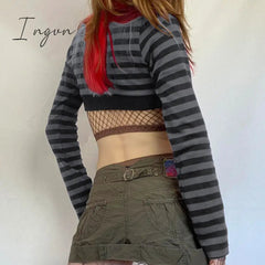 Ingvn - Y2K Striped Crop Top Button Knitted Full Sleeve T Shirt V Neck Vintage Grunge Tee Autumn Winter Women Harajuku Outfits
