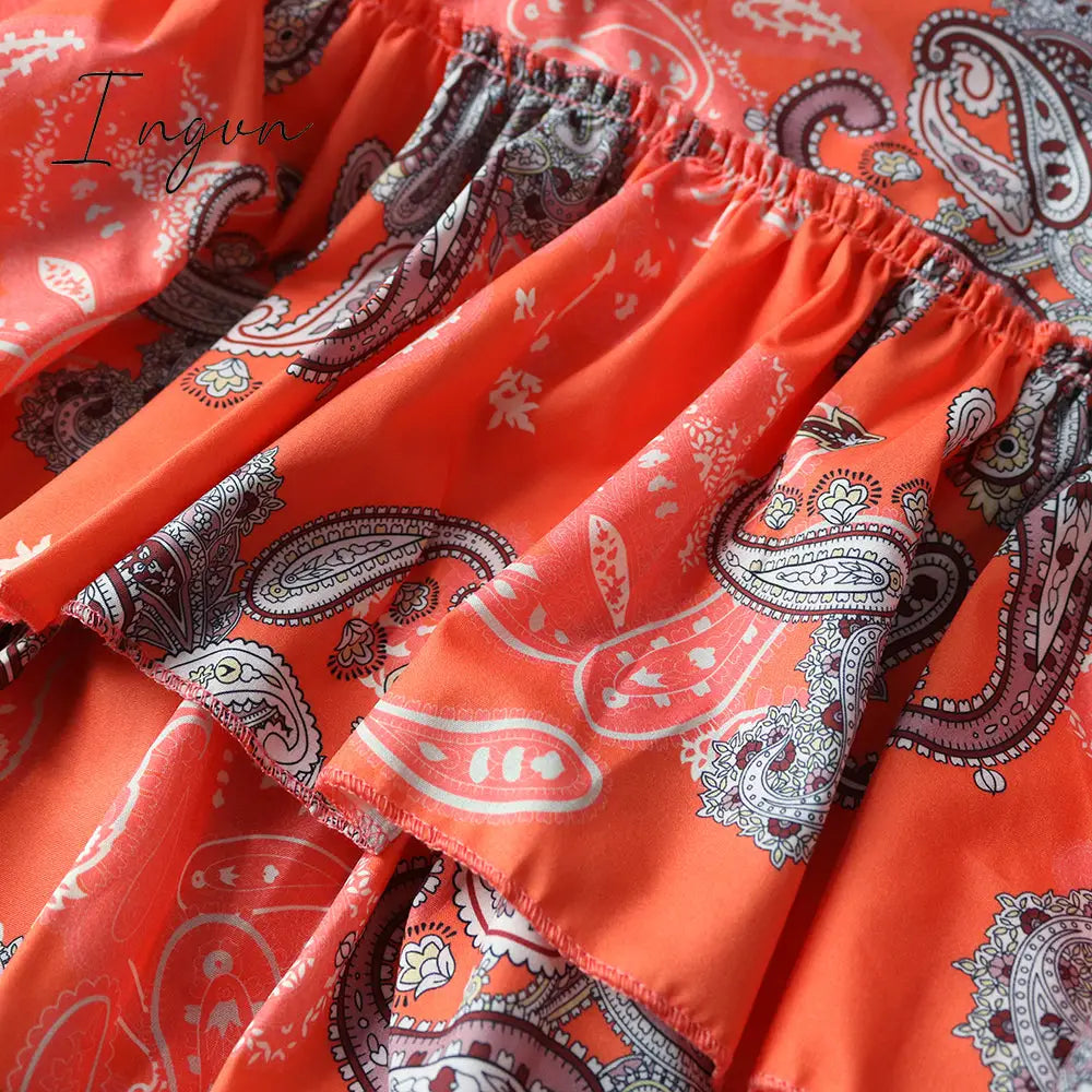 Ingvn - Women Printed Dresses Long Sleeves Bowtie Cake Dress Female Ruffles Pleated Africn Fashion Lovely Date Sweet Vestidos Plus Size