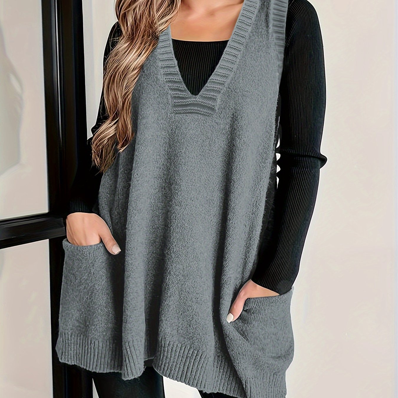 Plus Size Solid Knit Sweater Vest, Casual V Neck Sleeveless Sweater For Fall & Winter, Women's Plus Size Clothing