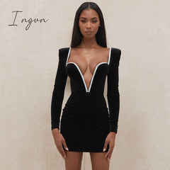 Ingvn - Long Sleeve Sexy Deep V Neck Wired Diamante Crystal Padded Should Bodycon Outfits Women Winter Velvet Party Dress