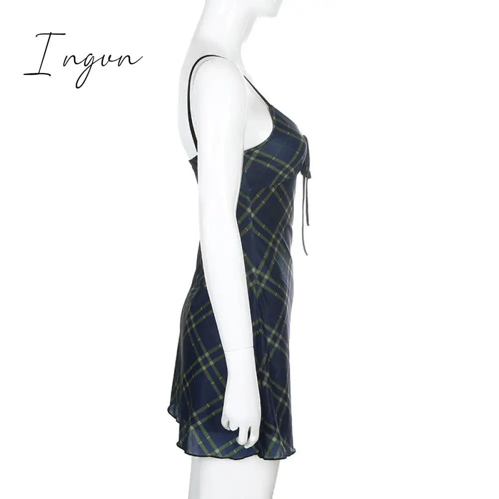 Ingvn - E-Girl 90s Spaghetti Strap Bandage Front Ruffles Plaid Dresses Vintage Mesh V-neck Backless A-line Mini Dress Partywear