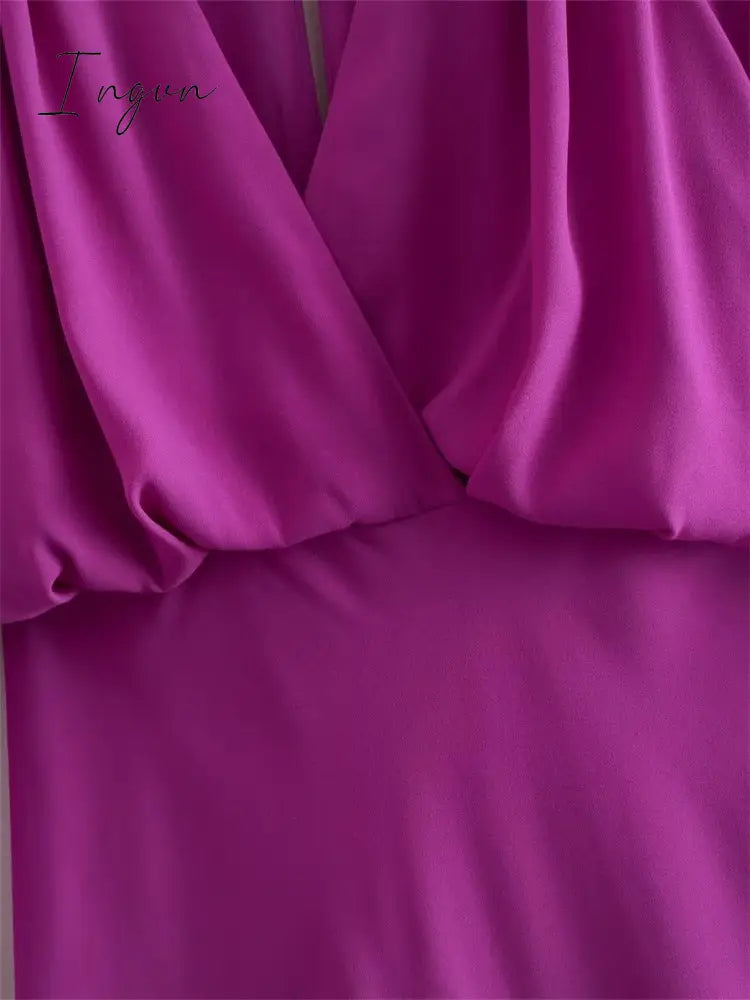 Ingvn - Flare Sleeve Solid Purple V Neck Long Dresses A-line Elegant High Waisted Loose Midi Dress 2023 Woman Casual Ladies Vestidos