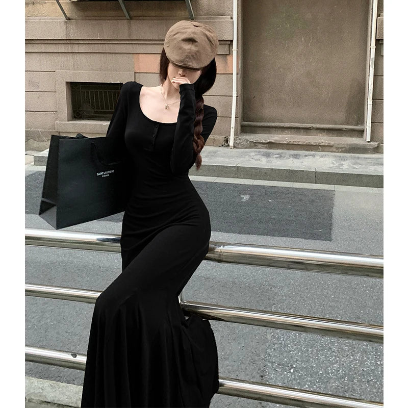 Sexy Solid Midi Dress Women Long Sleeve U-neck Bodycon Mermaid Autumn Winnter Base Dresses Korean Fashion Prom Vestidos Robe New