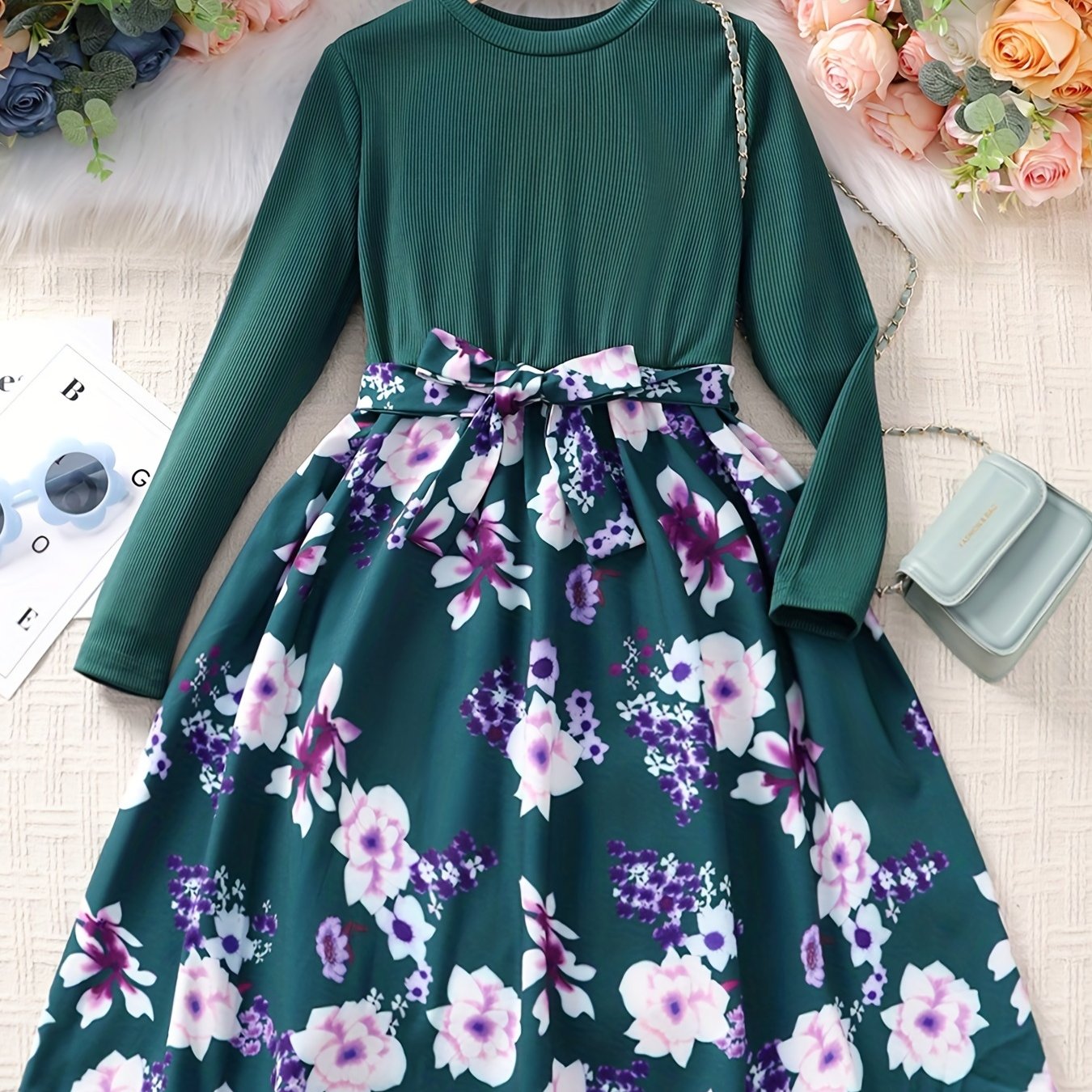 Adorable Floral Belted Dress for Girls - Long Sleeves, Round Neck, Splicing Design, Party-Perfect, Spring Collection, Kids' Clothing