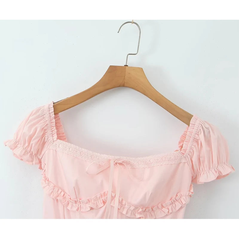 Women Sexy Elegant Pink Mini Dress Vintage Puff Sleeve Slim Low Waist Holiday Party Dresses Lacing Up Back Summer Robe