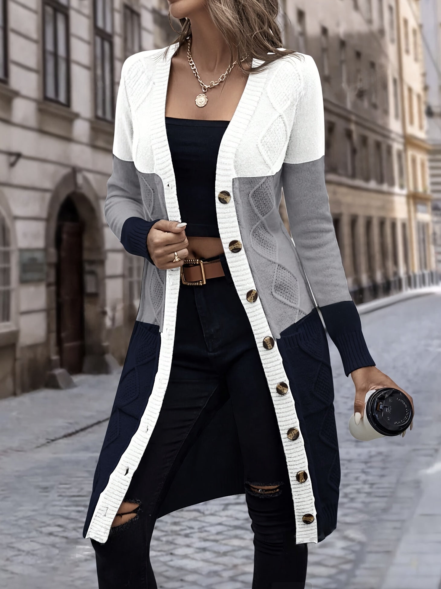 Versatile Long Sleeve Color Block Single Breasted Cardigan for Spring & Fall, Women's Clothing