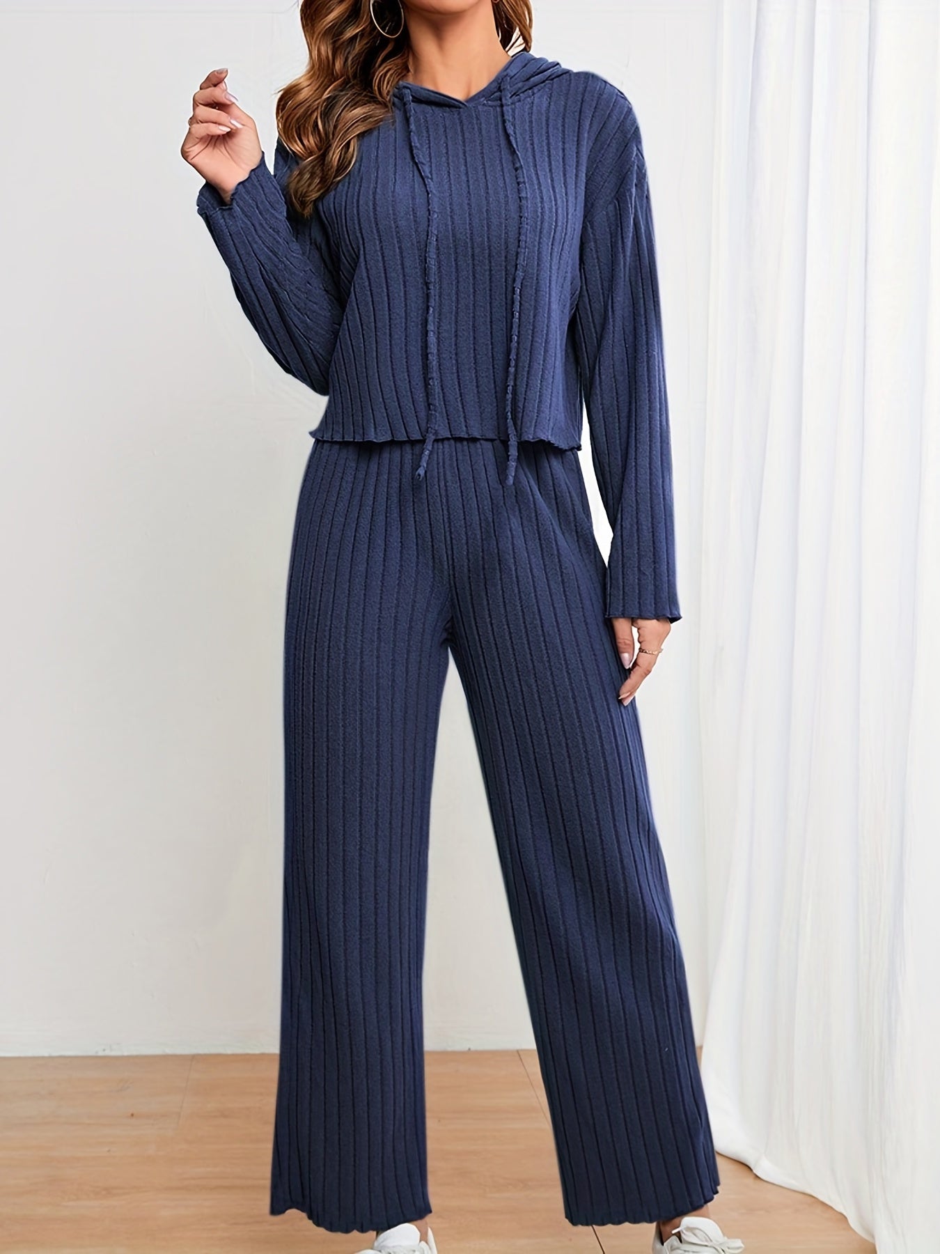 Two-piece Set, Casual Solid Ribbed Drawstring Long Sleeve Hoodie & Wide Leg Pants Outfits for Women