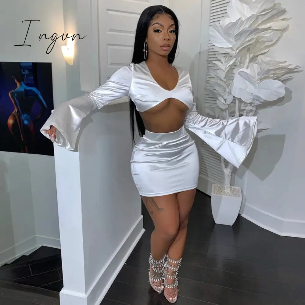 Ingvn - Satin Flare Long Sleeve 2 Two Piece Matching Set Women Crop Top Skirt Autumn Winter Birthday Fashion Sexy Clothes