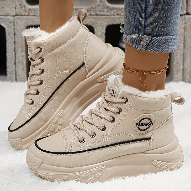 Cozy & Stylish Women's High-Top Sneakers - Plush Lined, Thick Sole, Warm Winter Booties with Lace-Up Closure