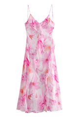 Sexy Floral Print Backless Ruffle V Neck Sling Dresses