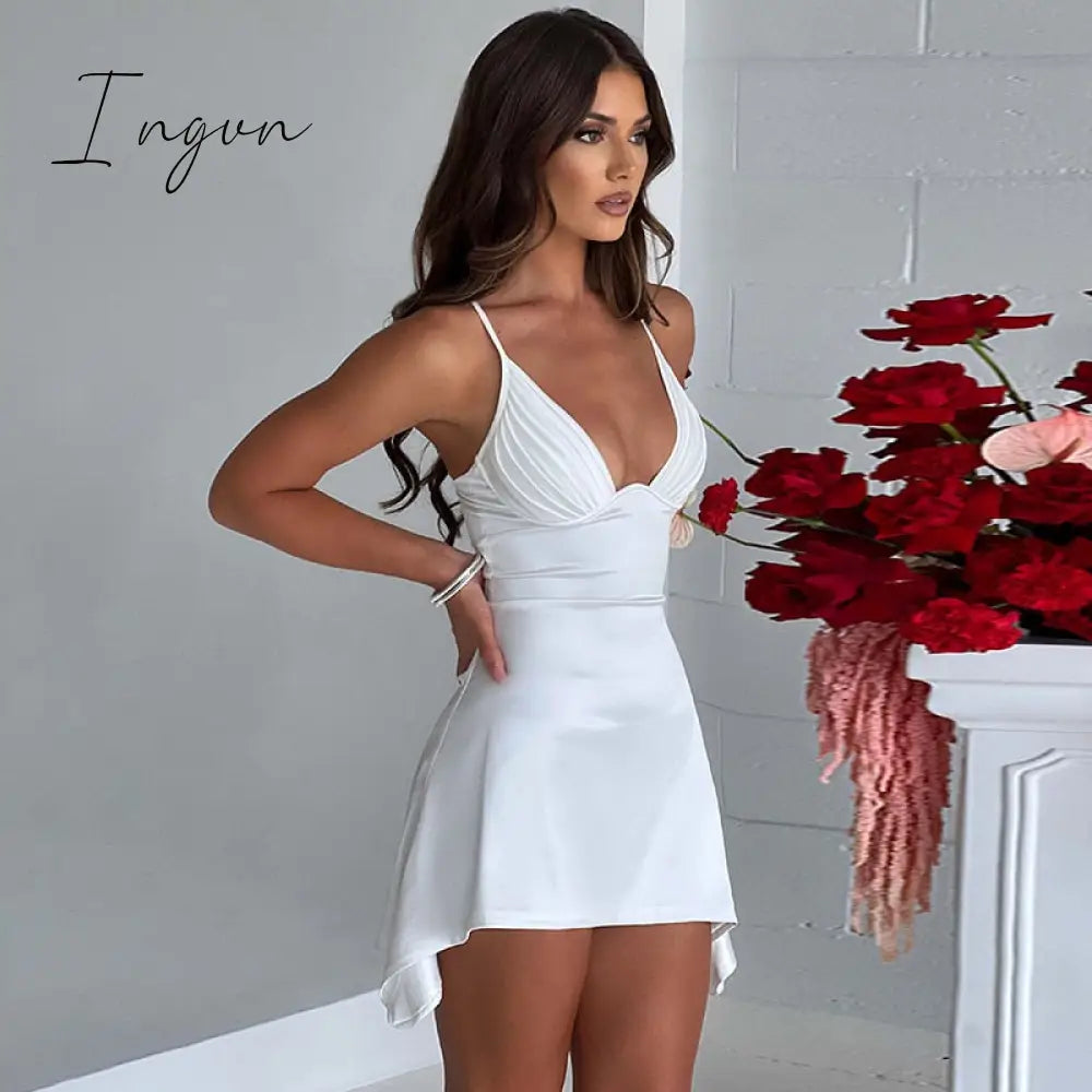 Ingvn - Satin Spaghetti Strap Sexy Mini Dress Women Robe Summer New Deep V Neck Sleeveless backless Club Party Dress Vestido