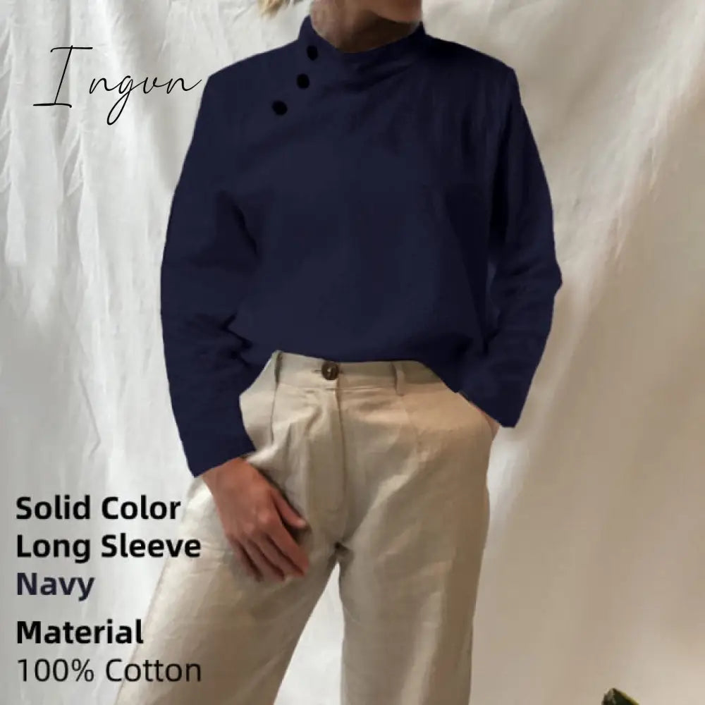 Ingvn - New Stylish Tunic Tops Plus Size Women Short Sleeve Summer Blouses Buttons Solid Cotton Linen Tops Casual Loose Blusas Femme