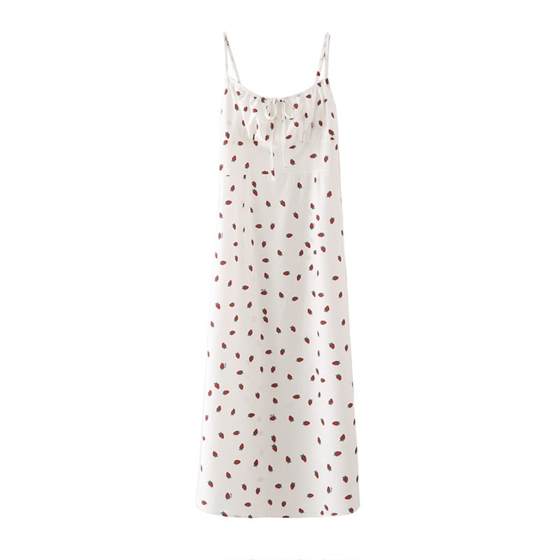 Voguable  Strawberry Print White Chiffon Long Dress Women Spaghetti Strap Vintage Boho Summer Beach Maxi Dress Sleeveless Sundress