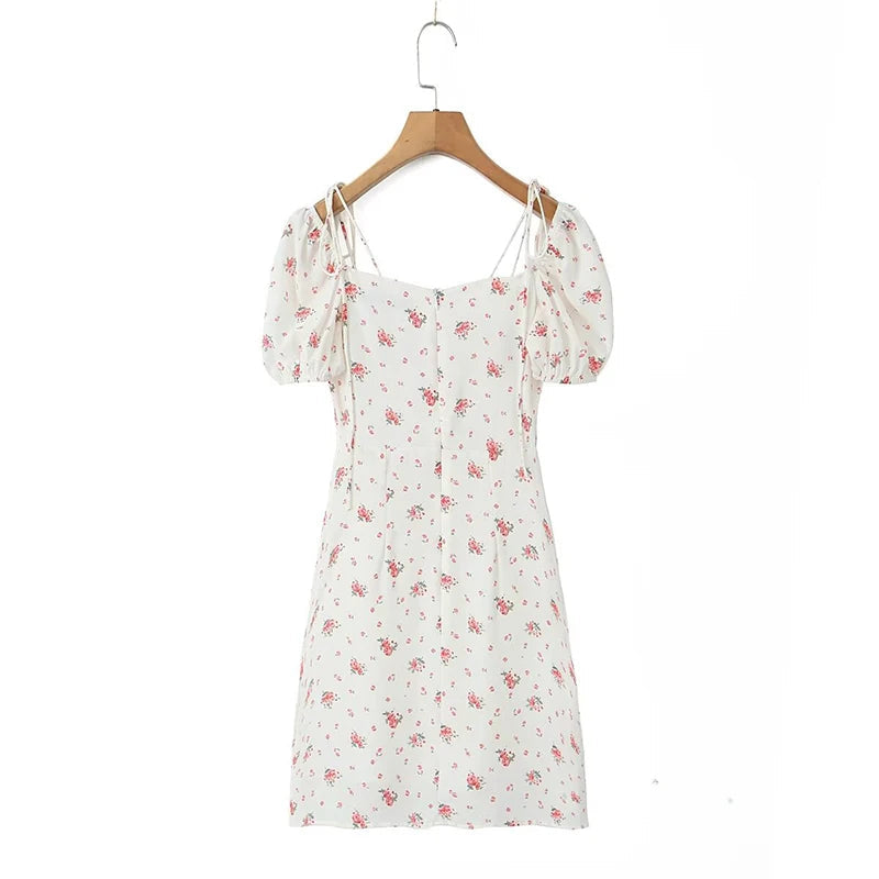 Sexy Elegant Women French Style Floral Print Dress Vintage Puff Sleeve Female Summer Holiday Party Dresses Slim Mini Robe