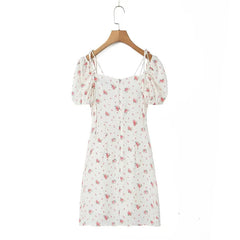 Sexy Elegant Women French Style Floral Print Dress Vintage Puff Sleeve Female Summer Holiday Party Dresses Slim Mini Robe