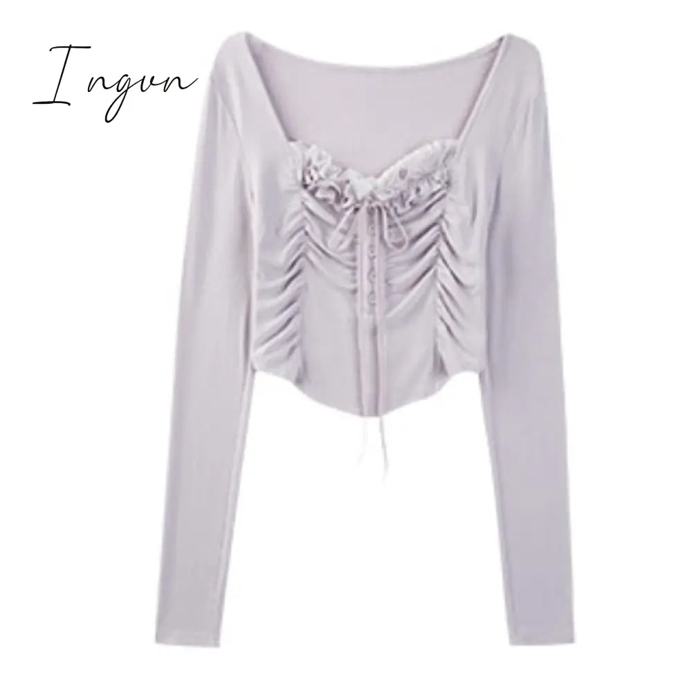 Ingvn - 2023 Spring Basic Lace Y2k Crop Tops Woman Slim Pure Color Korean T-shirt Office Lady Casual Fashion Clothing Female Design