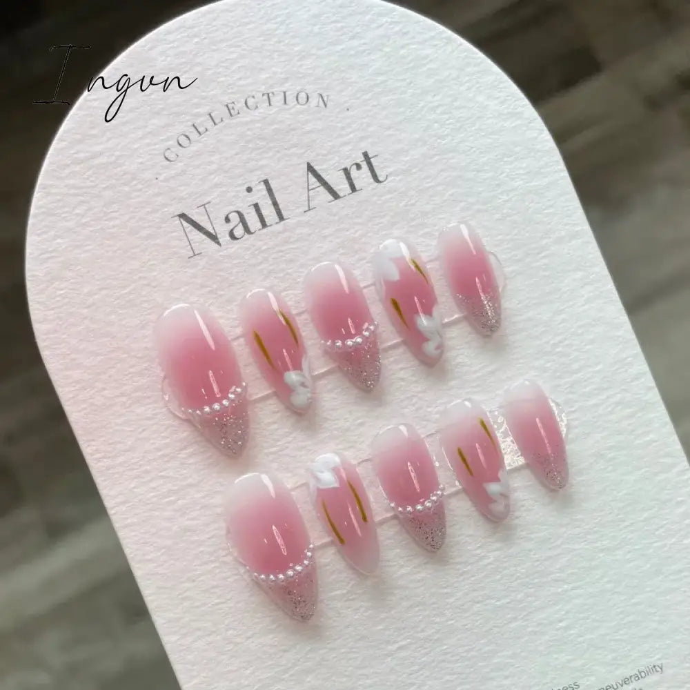 Bow Ice Translucent Sense Handmade Wearable Fake Nail Gradient AB Asymmetric Almond False Nails Trim Nail Shape Nail Decoration